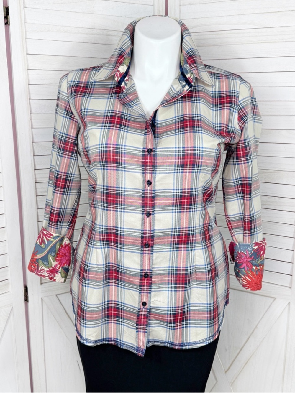 Georg Roth Plaid‎ Floral Cuff Button Up Shirt Ivory Red Blue Large Preppy Boho